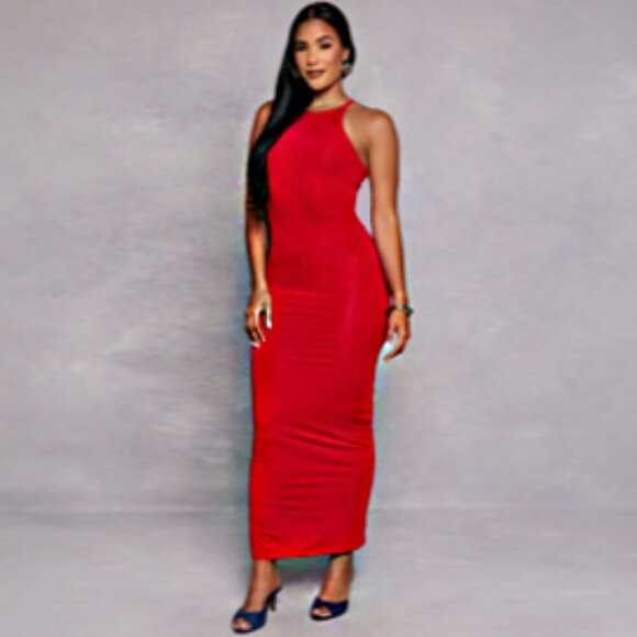 DAISY NWT Cherry Red High Neck Racerback Slit Sexy Maxi Dress BodyCon Size S - Picture 1 of 12